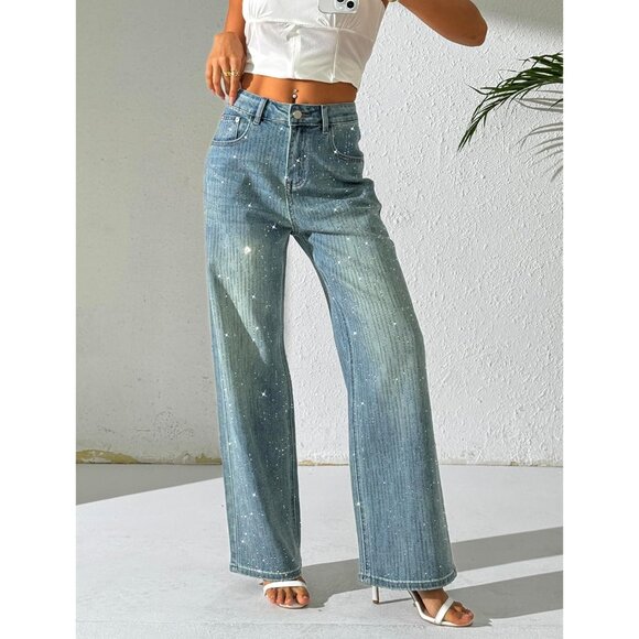 Women's Glitter Rhinestone Wide Leg Denim Pants High Waist Streetwear - Picture 5 of 5